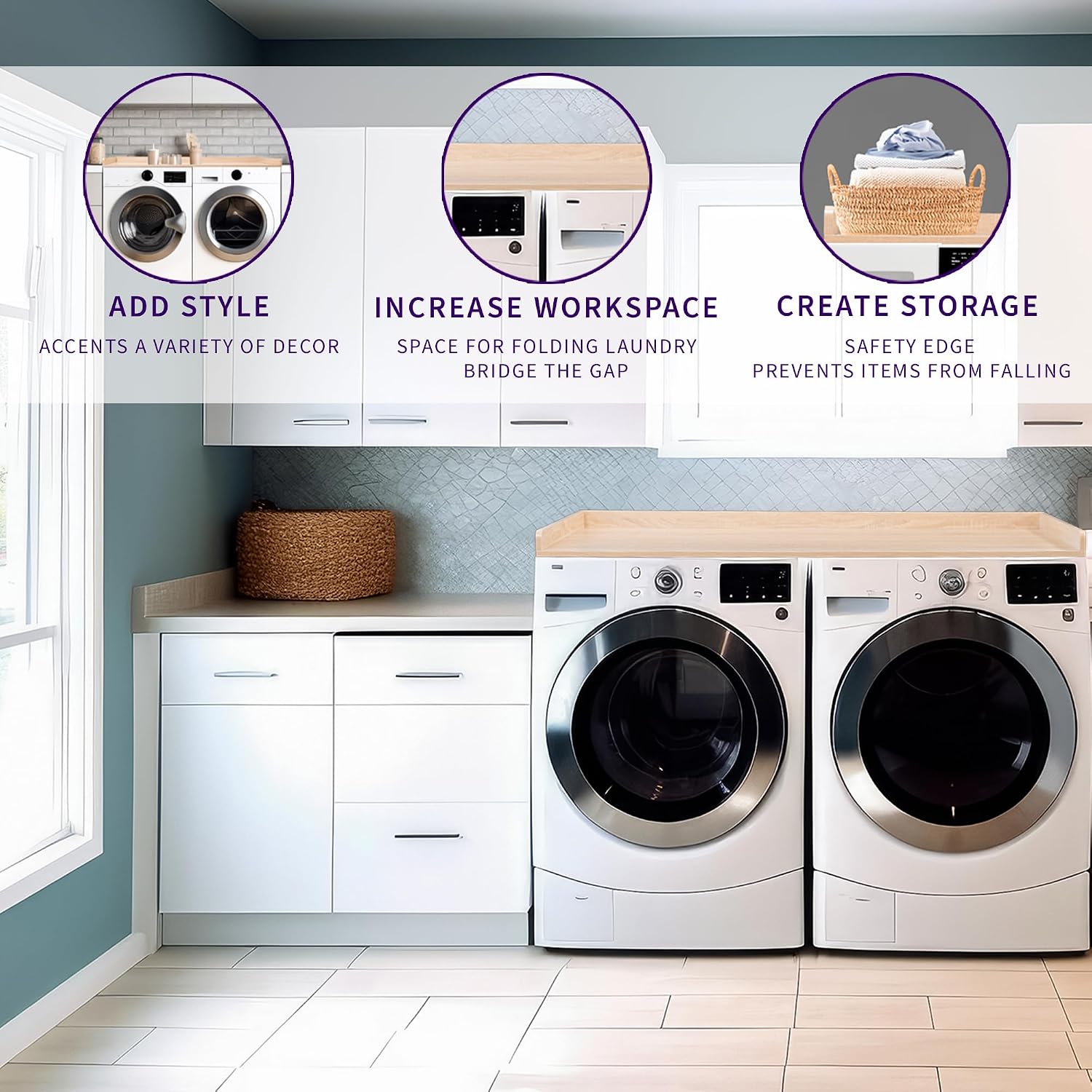 Life Finds 54 inch Washer Dryer Countertop with Safety Ledge for Laundry Room Organization, Light Wood, LF-WDCT1C