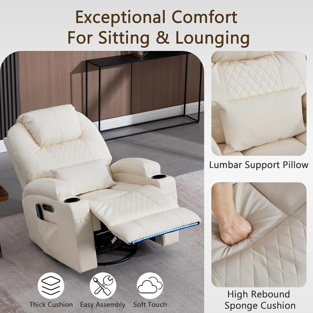 Dual Motor Power Swivel Rocker Recliner Chair with Heat and Massage,Electric Glider Rocking Chairs for Nursery,Theater Seating with LED Lights, USB A/USB C Ports for Living Room (2, Beige)