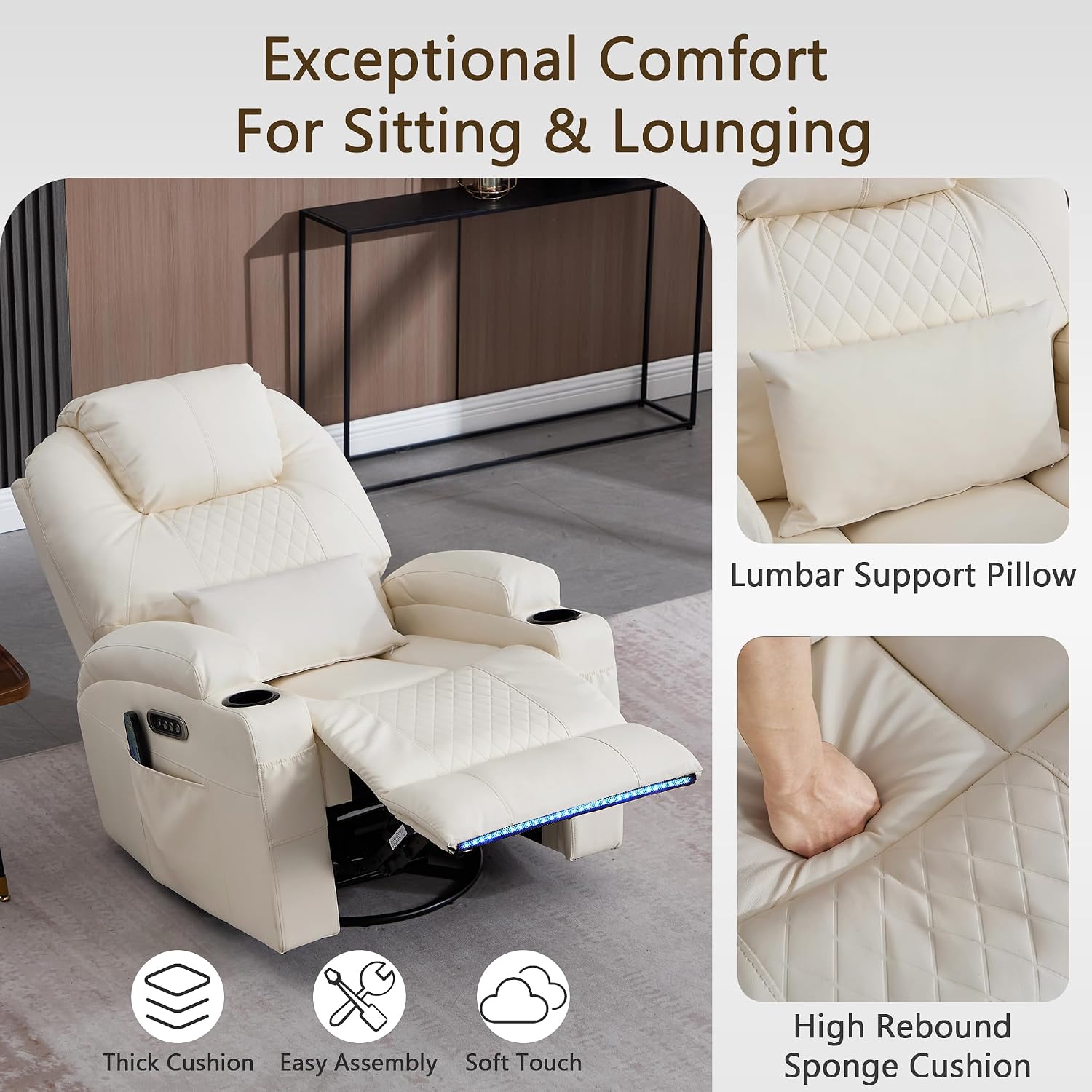 Dual Motor Power Swivel Rocker Recliner Chair with Heat and Massage,Electric Glider Rocking Chairs for Nursery,Theater Seating with LED Lights, USB A/USB C Ports for Living Room (2, Beige)