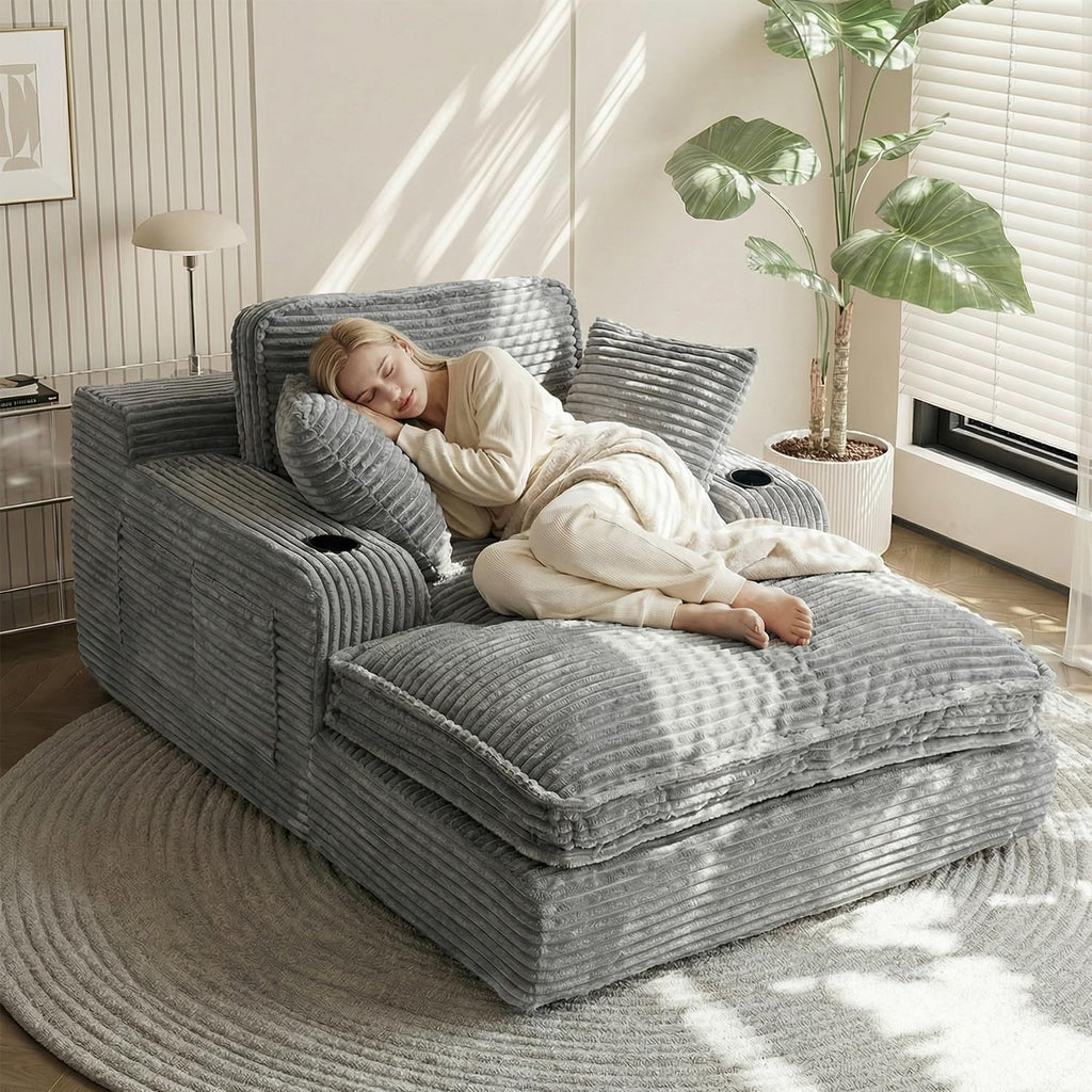 67' Oversized Chaise Lounge Chair Indoor, Soft Boneless Cloud Couch with 3 Pillows, 4 Side Pockets and 2 Cup Holders, Comfy Corduroy Sleeper Couch for Living Room Bedroom