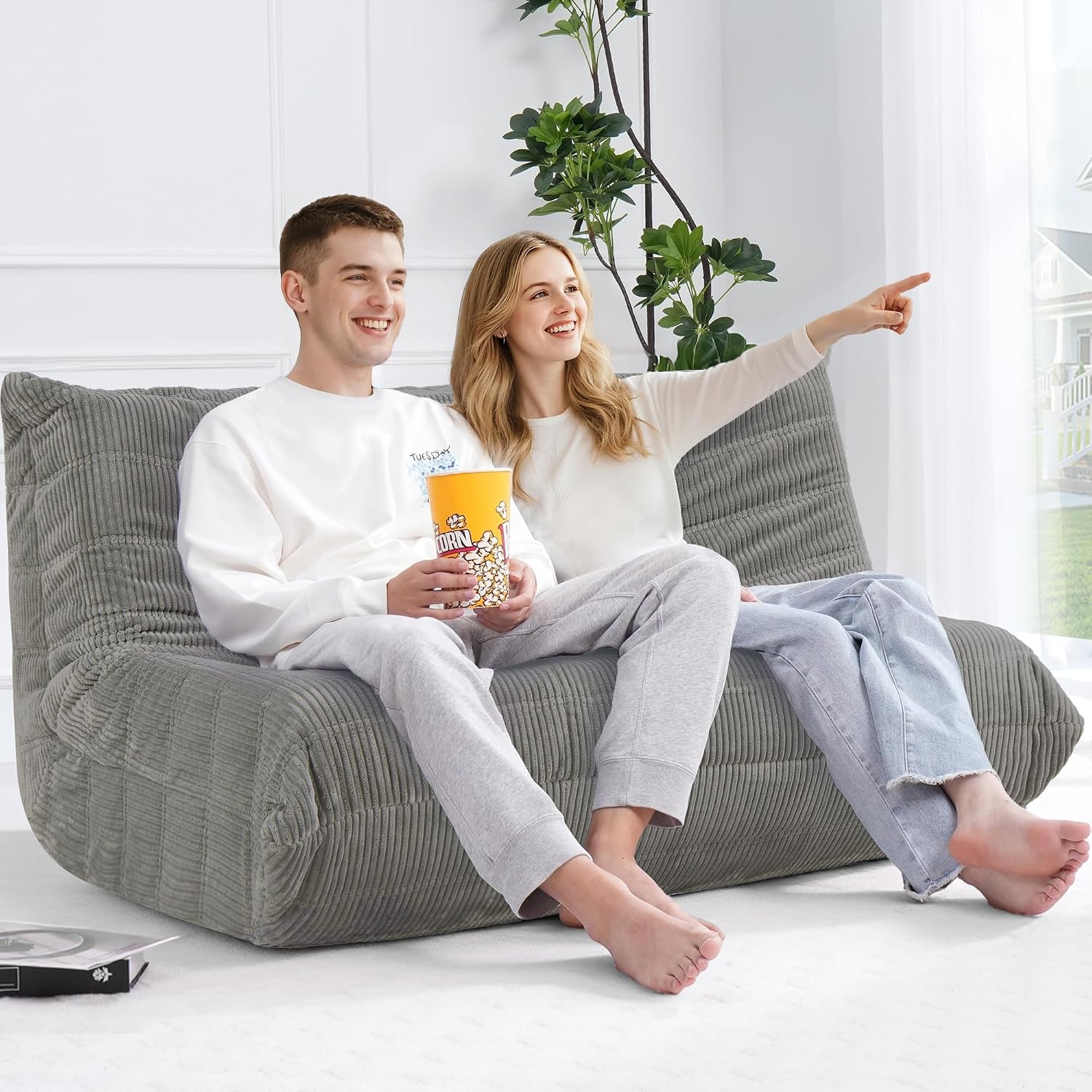 Bean Bag Chair,Giant Beanbag Chairs for Adults,Comfy Large Fireside Chair Lazy Sofa,Corduroy Bean Bag Lounger with Memory Foam Filled,Floor Sofa Couch for Living Room (Light Grey, Loveseat)