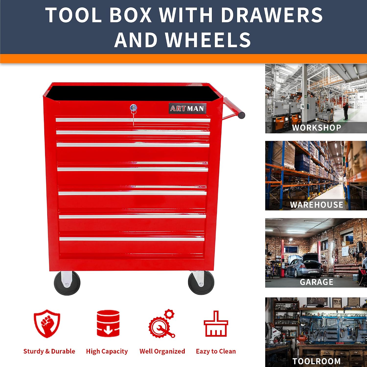 Larmliss 7-Drawer Rolling Tool Cart, Lockable Home Repair Tool Storage Organizer, Tool Box on Wheels,Tool Chest Cabinet for Mechanic, Garage