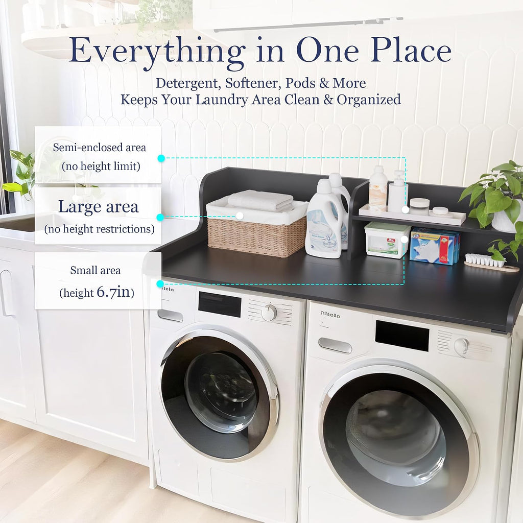 DTK Washer Dryer Wood Countertop with Shelf, Laundry Topper with Non-Slip Mat,27.55' Depth x 54' Width Dryer Covers for The Top with Edge Rails, Black