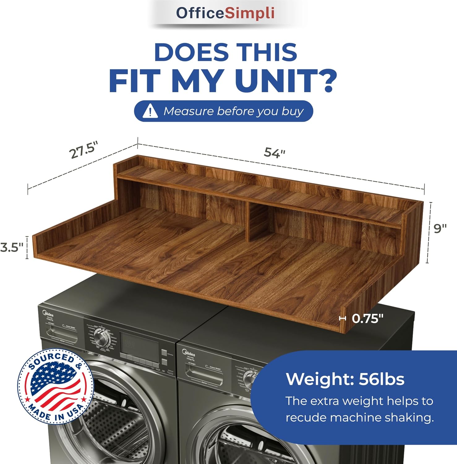 OfficeSimpli Washer Dryer Countertop with Shelf - 27.5 x 54 Inch - Made in USA Laundry Countertop Over Washer and Dryer with Non-Slip Pads, Storage Shelf, Laundry Topper Organizer, California Walnut