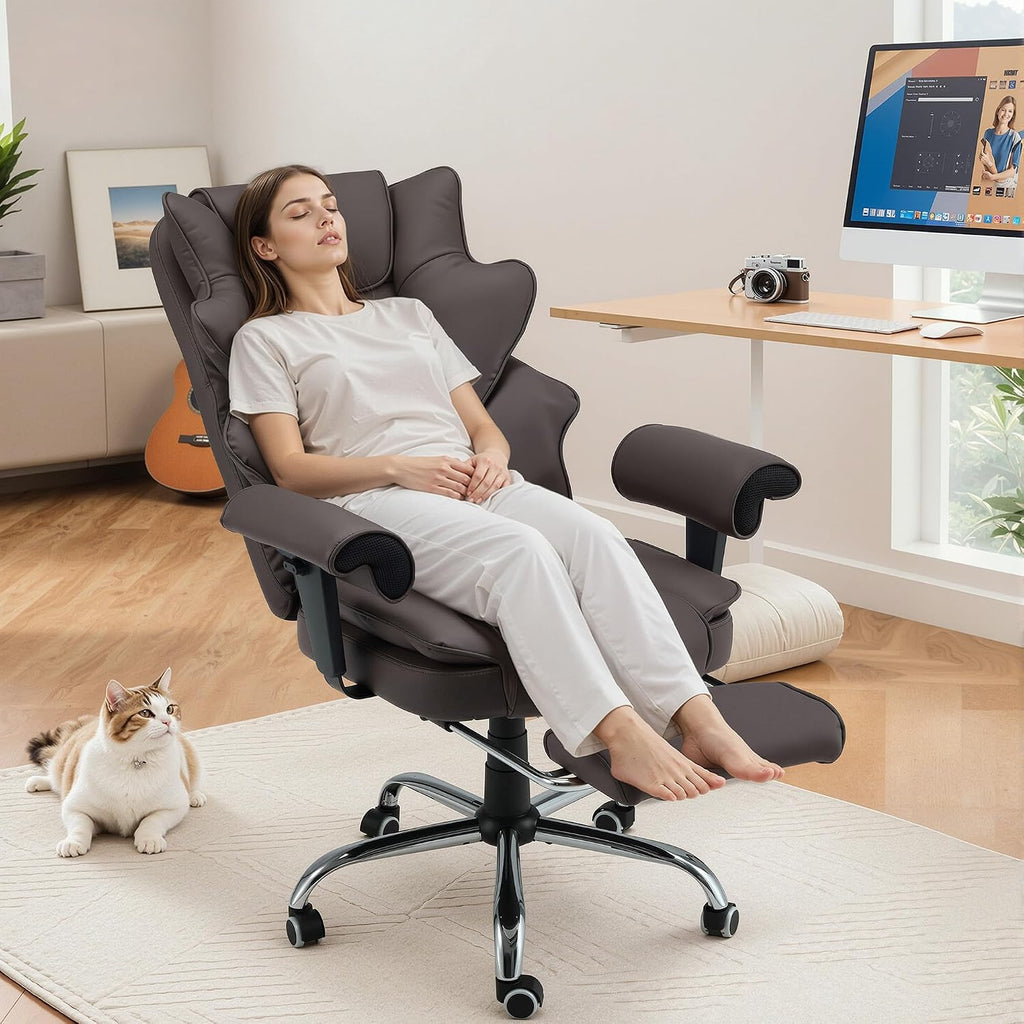 HOMREST Brown Ergonomic Office Chair with 6-Point Vibration Massage & Heat – Reclining Executive Chair with Adjustable Footrest and Armrests, PU Leather Big and Tall Home Office Desk Chair