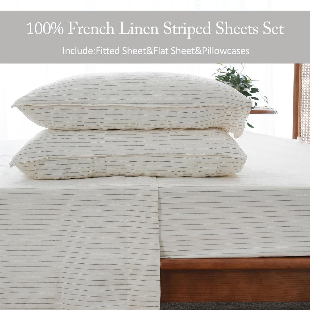 S VICTORY SYMBOL 100% Organic Linen Sheets Set Grey Pinstripe,Yarn Dyed French Natural Stone Washed Flax Bedding Set,3pcs Bed Sheets Twin XL Size,Ultra Soft&Breathable