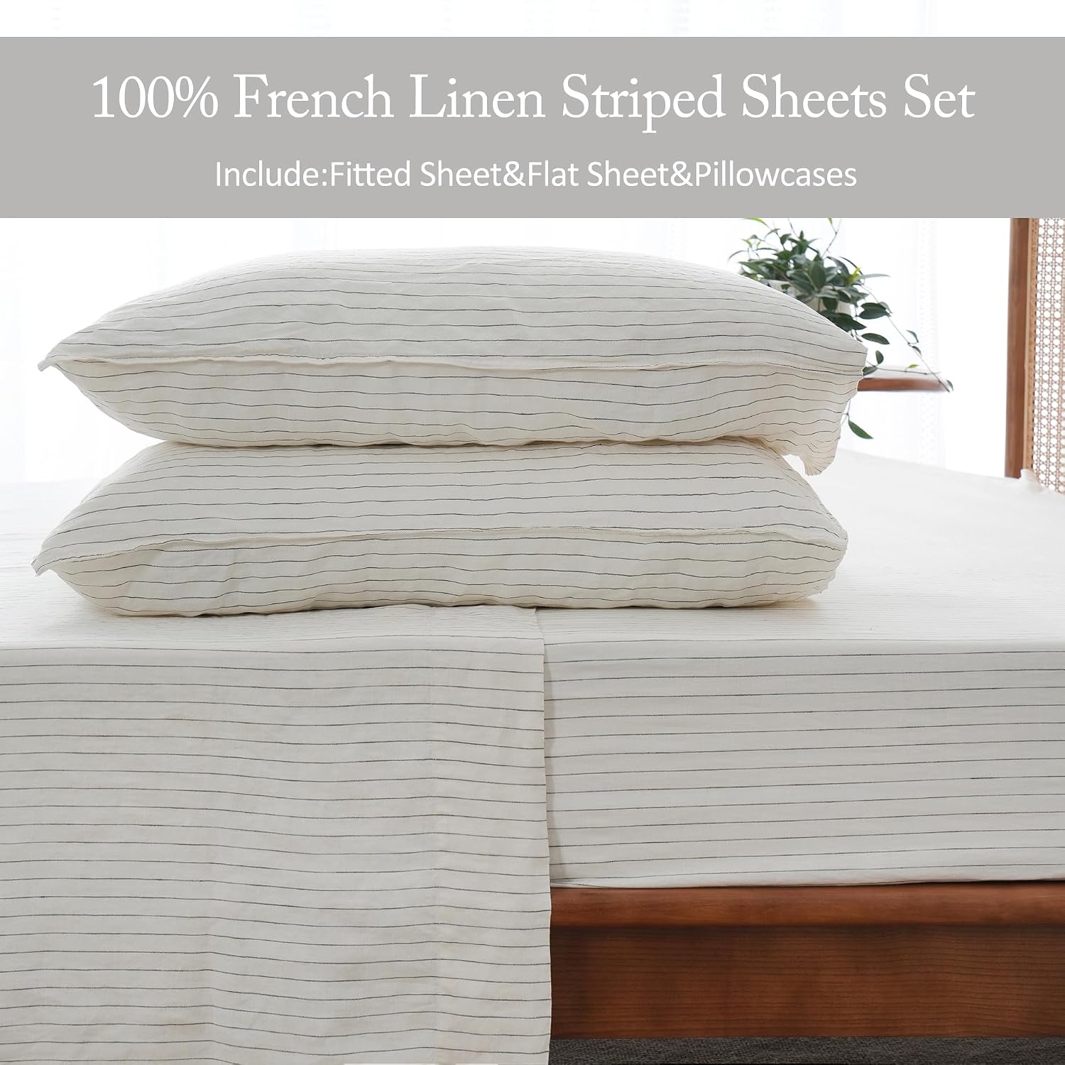 S VICTORY SYMBOL 100% Organic Linen Sheets Set Grey Pinstripe,Yarn Dyed French Natural Stone Washed Flax Bedding Set,3pcs Bed Sheets Twin XL Size,Ultra Soft&Breathable