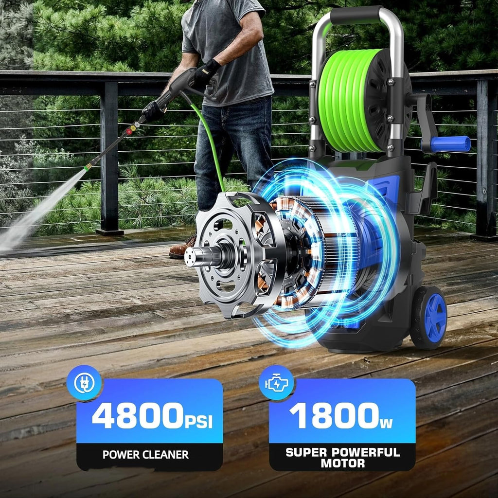 4800 PSI Electric Pressure Washer- 4.0 GPM High Power Washer with 33FT Hose Reel, 4 Spray Tips and Soap Bottle for Car Washing, Fence Cleaning, Patio Maintenance（Upgraded）(Blue)
