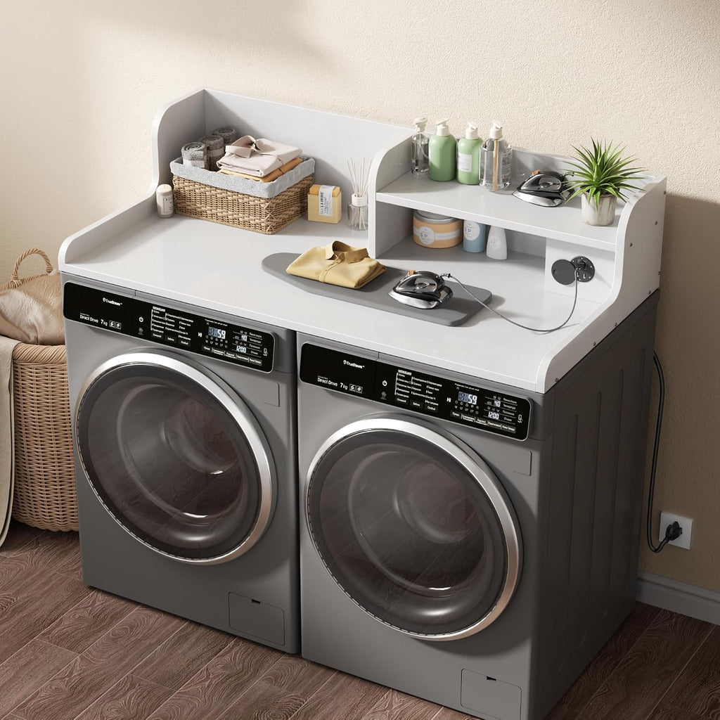DTK Washer Dryer Countertop with Charging Station, 2 Tier Laundry Countertop with Anti-Slip Strips, 27.55' Depth x 54' Width, Wood Dryer Cover with Shelf,White (White)