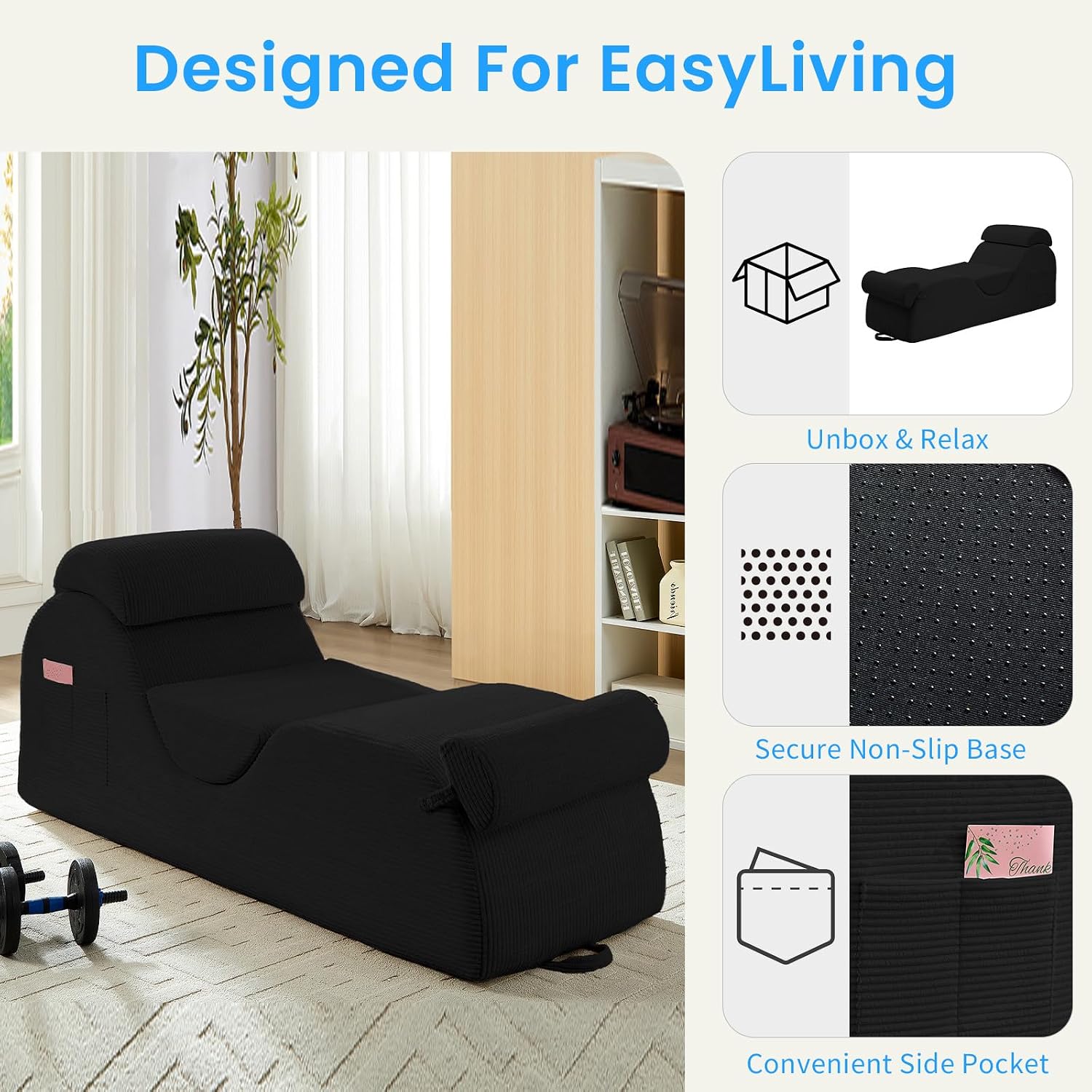 ijuicy 25' Wide Ergonomic Stretch Yoga Chair, Modern Floor Relax Chaise Lounge Chair with Adjustable Headrest, Waist Support Cushion, Movable Footrest & Side Pockets-Black