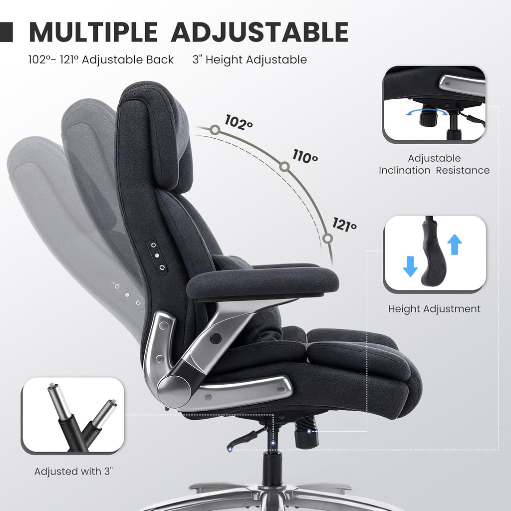 750lbs Heavy Duty Desk Chair with 3D Kneading Massage, Big and Tall Office Chairs with Ergonomic Support, 3D Armrests, 5 Quiet Dual Rubber Wheel, Thick Spring Cushion(Black-Fabric)