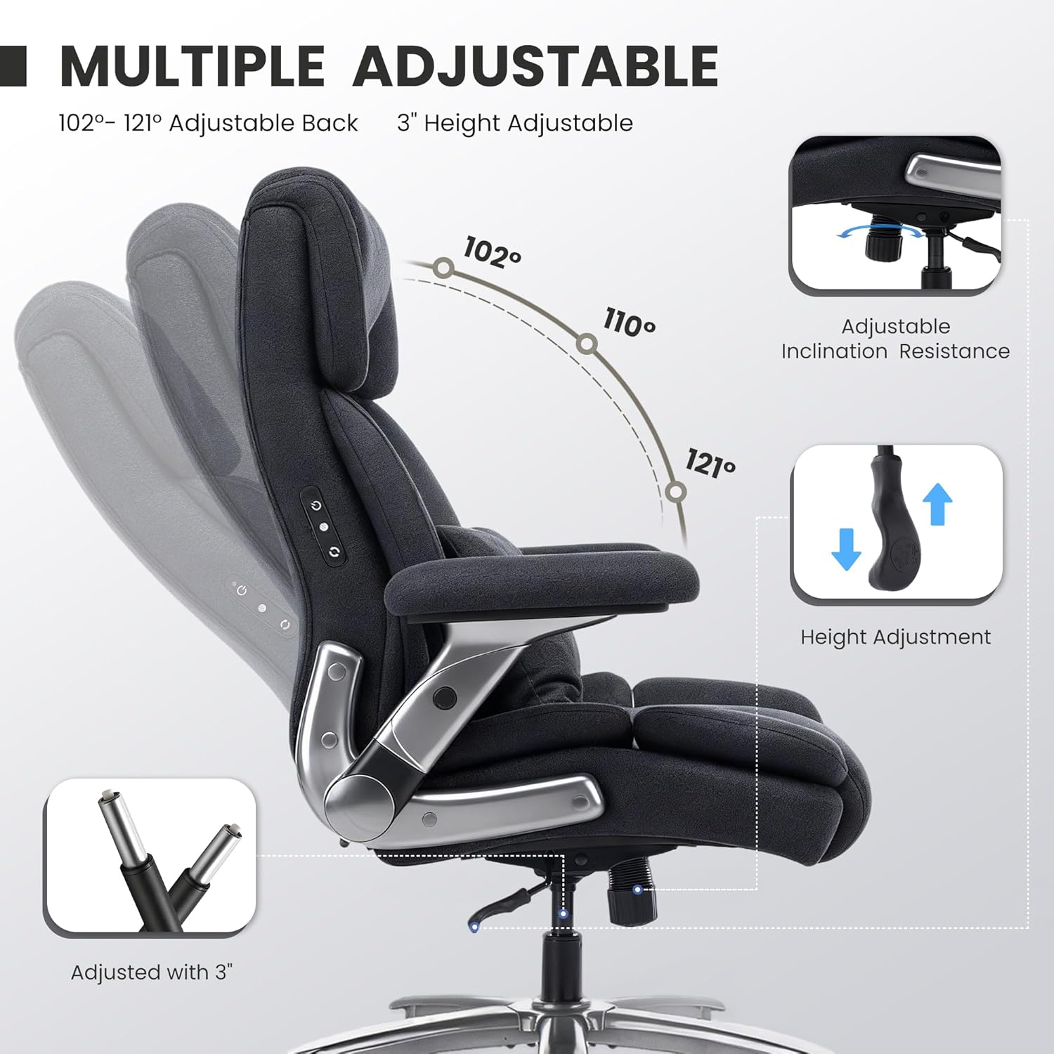 750lbs Heavy Duty Desk Chair with 3D Kneading Massage, Big and Tall Office Chairs with Ergonomic Support, 3D Armrests, 5 Quiet Dual Rubber Wheel, Thick Spring Cushion(Black-Fabric)