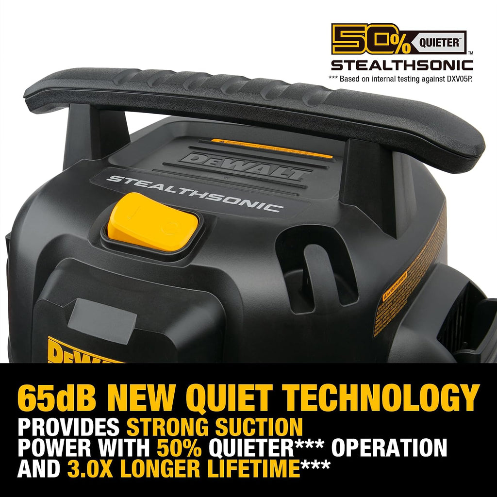 DEWALT 6-Gallon STEALTHSONIC Ultra Quiet Poly Shop Vacuum Wet and Dry with 6 Dust Bags, 5 Peak HP Noise Reduction Wet/Dry Vac for Jobsite, Workshop, and Garage, DXV06P-QTB