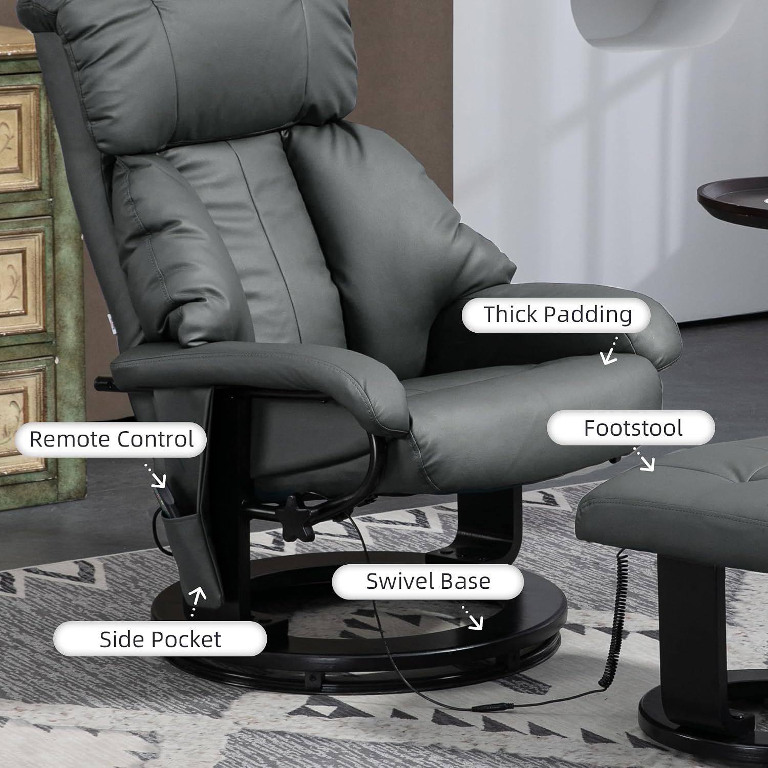 HOMCOM Massage Recliner Chair with Ottoman, 360° Swivel Recliner and Footstool, 10 Point Vibration, PU Leather Reclining Chair with Side Pocket and Remote Control, Gray