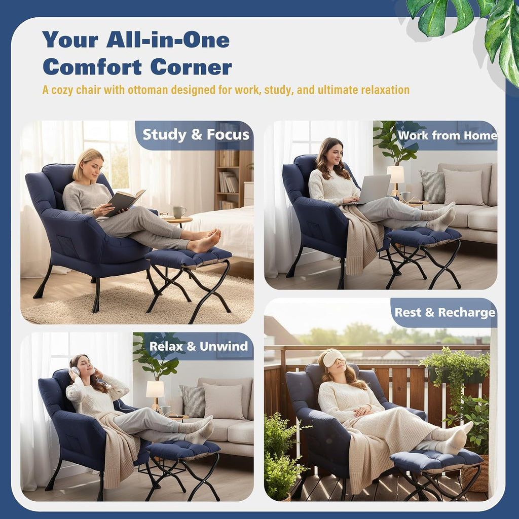 Lazy Chair with Ottoman, Large Accent Chair with Ottoman and a Throw Pillow, Navy Reading Chair for Living Room Bedroom Dorm Room Office Apartment Relaxing Use