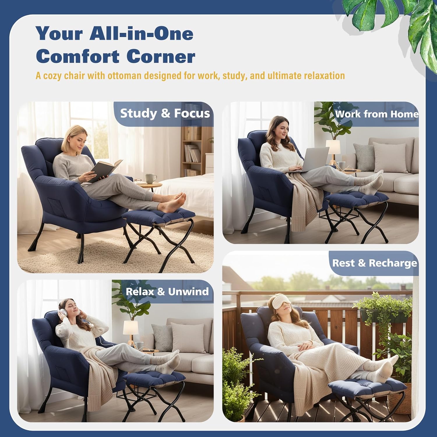 Lazy Chair with Ottoman, Large Accent Chair with Ottoman and a Throw Pillow, Navy Reading Chair for Living Room Bedroom Dorm Room Office Apartment Relaxing Use