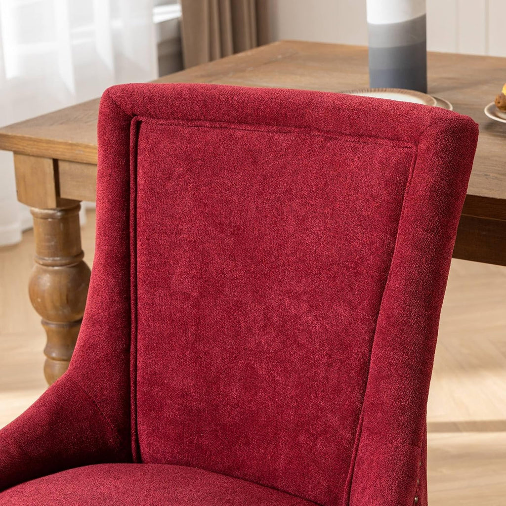 Ball & Cast Mid-Century Upholstered Dining Chairs Set of 2, Thickened Fabric Wing Back Kitchen Side-Chairs with Bronze Nail Head & Toned Solid Wood Legs, 2-Piece Traditional Chair, Wine Red