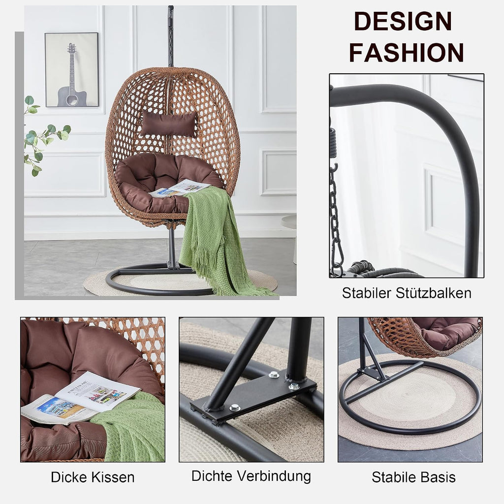 Egg Swing Chair with Stand for Outdoor Indoor, Hanging Egg Chair with Cushion and Pillow, Lounge Chair, Foldable Basket and Metal Stand for Porch, Patio, Bedroom, Balcony,Yard (Brown)
