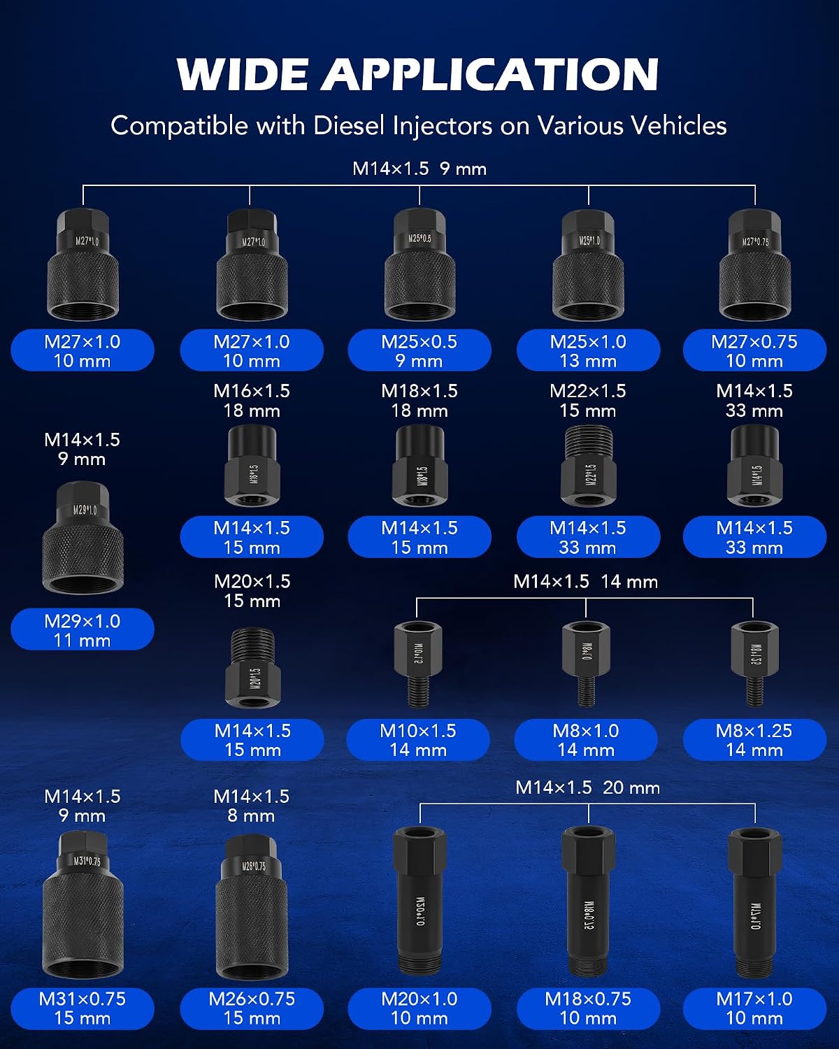 Orion Motor Tech Pneumatic Injector Puller Set for Diesel Engines, 23 pcs 5-8 Bar Air Vibration Injector Removal Tool Kit with Extractor Hammer, 19 Adapters, Extension Hose, and EU US Connectors