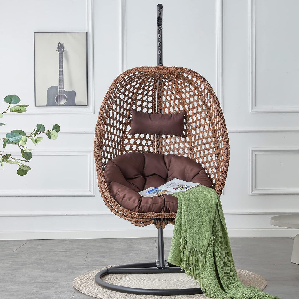 Swining Egg Chair with Stand,Wicker Rattan Hanging Egg Chairs, Patio Swing with UV Resistant Cushion, Outdoor Indoor Hanging with Foldable Basket & Metal Stand for Bedroom (Brown-S)
