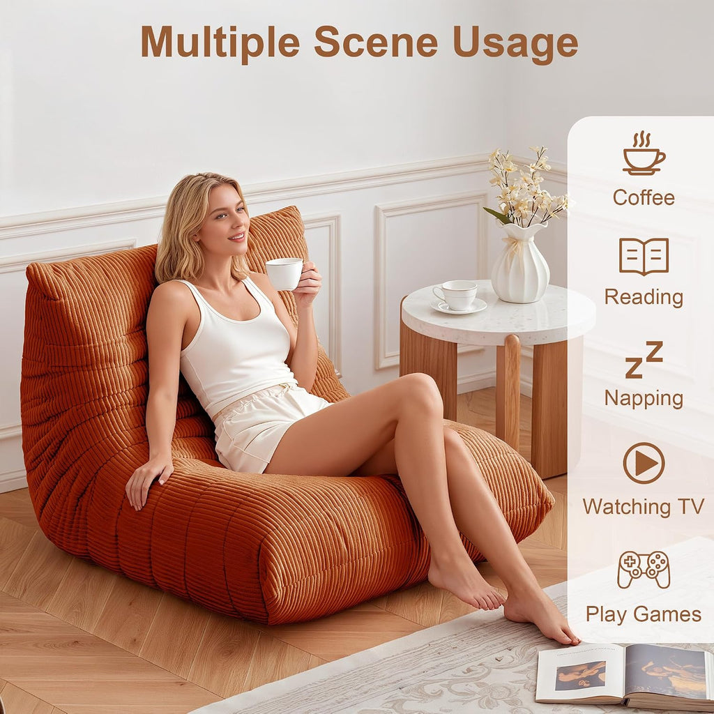 Bean Bag Chair for Adults, Giant Bean Bag Chairs with Lumbar Pillow, Oversized Corduroy Memory Foam Boneless Chair with High-Rebound, Lazy Floor Sofa for Reading Gaming Living Room Bedroom, Orange