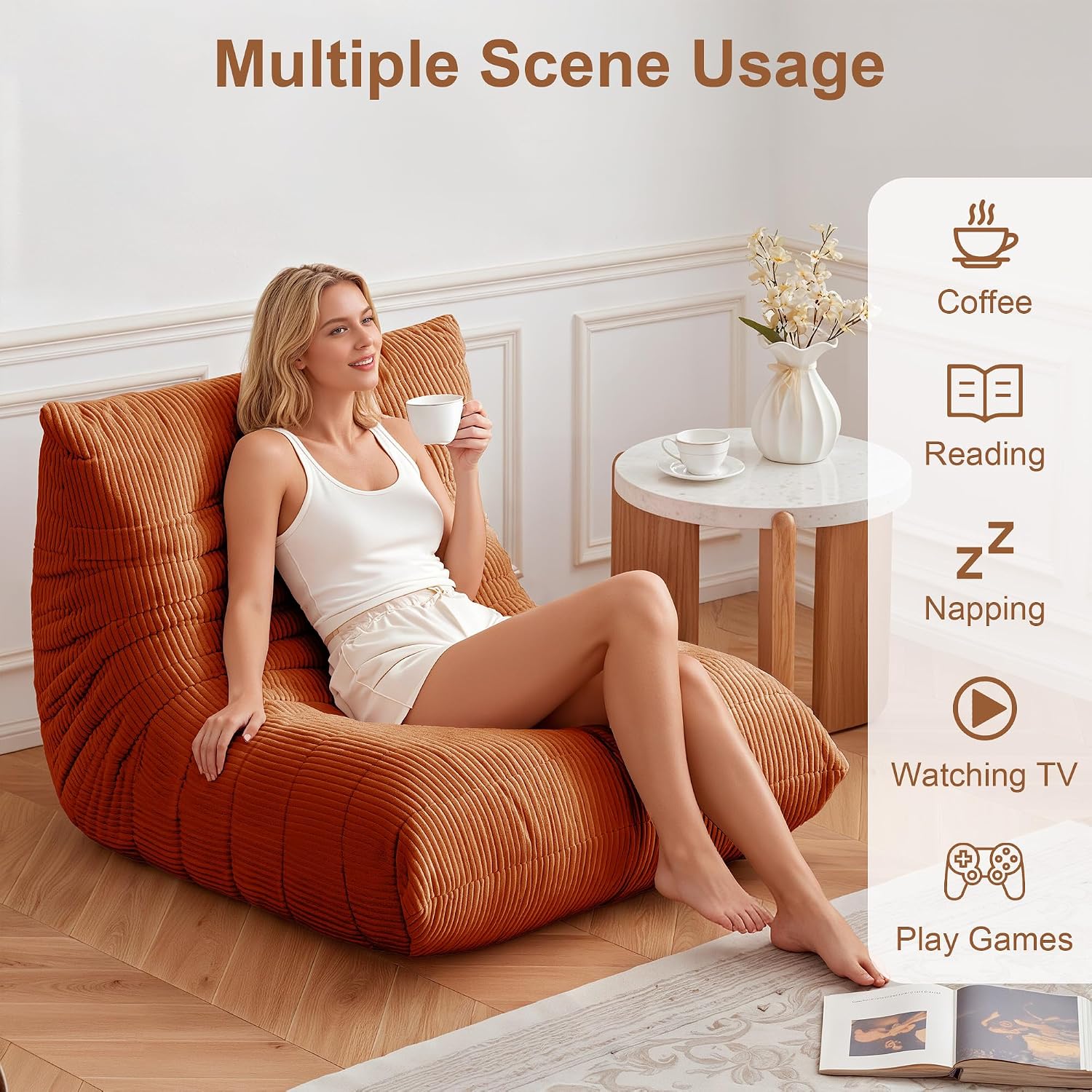 Bean Bag Chair for Adults, Giant Bean Bag Chairs with Lumbar Pillow, Oversized Corduroy Memory Foam Boneless Chair with High-Rebound, Lazy Floor Sofa for Reading Gaming Living Room Bedroom, Orange