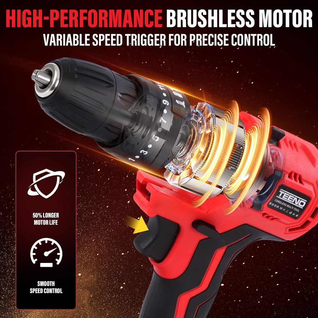 TEENO 20V MAX Brushless Power Tool Combo Kit, 9-in-1 Cordless Interchangeable Multi-Tool Set (Drill, Impact, Grinder, Sander, Circular, Chain & Reciprocating Saws, Blower, Washer), 2x 4.0Ah Batteries