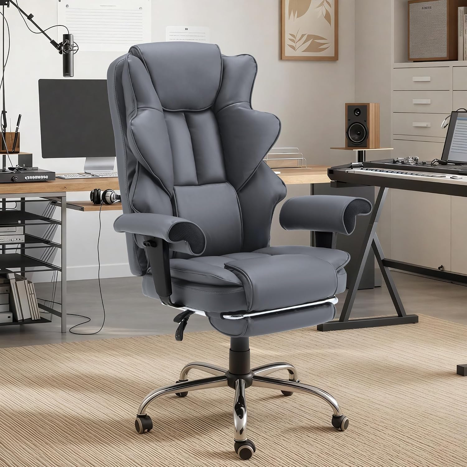 HOMREST Grey Ergonomic Office Chair with 6-Point Vibration Massage & Heat – Reclining Executive Chair with Adjustable Footrest and Armrests, PU Leather Big and Tall Home Office Desk Chair