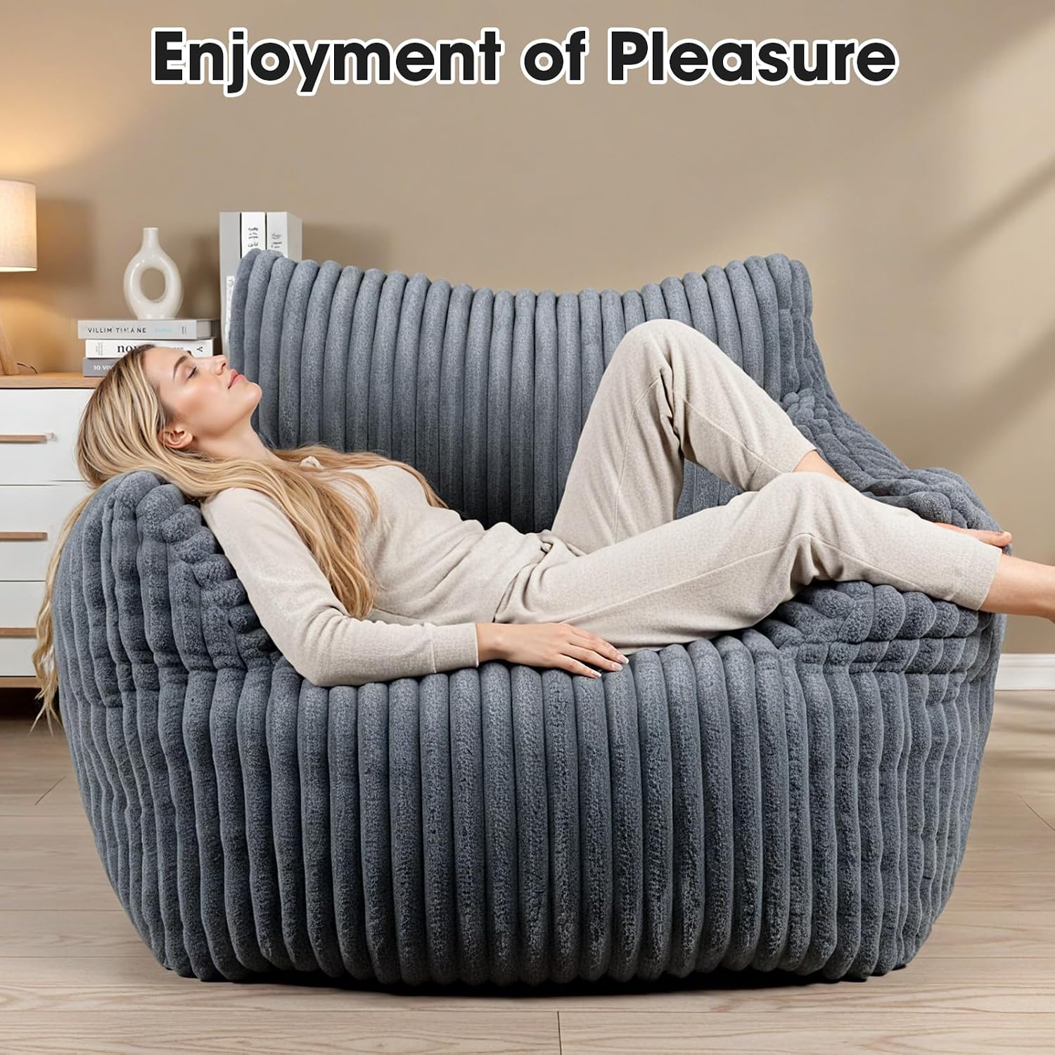 Giant Bean Bag Chair for Adults, Oversized Memory Foam Bean Bag Sofa with Armrests, Large Comfy Fluffy Single Lounges Mini Couch for Living Room, Bedroom & Dorm(Gray)