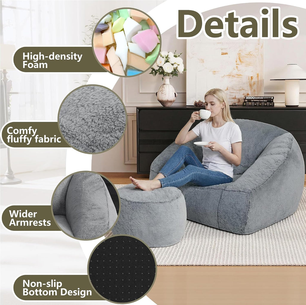 Bean Bag Chairs with Ottoman for Adults, Comfy Beanbag Chair with High-Resilience Foam, Oversized Bean Bag Sofa with Soft Faux Fur Fabric, Bean Bag Chair for Living Room,Bedroom,Dark Grey