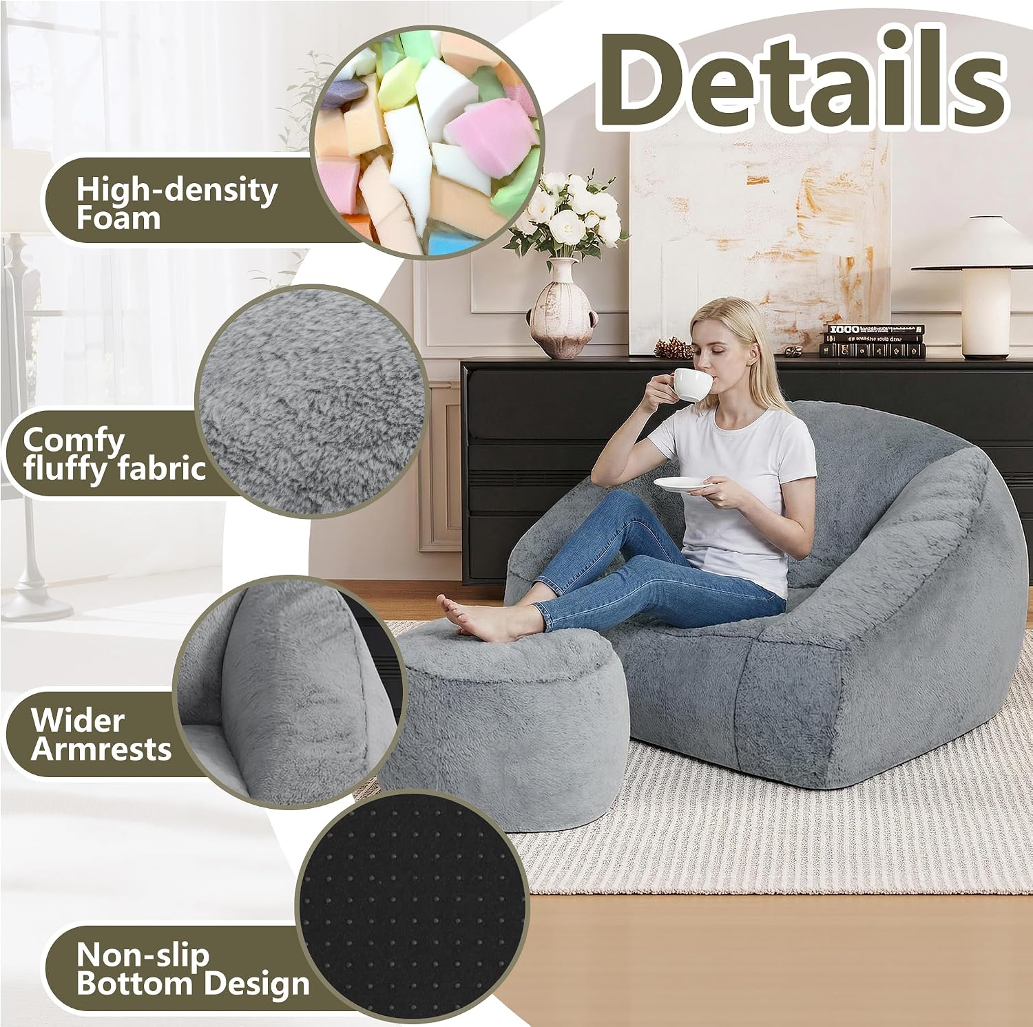 Bean Bag Chairs with Ottoman for Adults, Comfy Beanbag Chair with High-Resilience Foam, Oversized Bean Bag Sofa with Soft Faux Fur Fabric, Bean Bag Chair for Living Room,Bedroom,Dark Grey