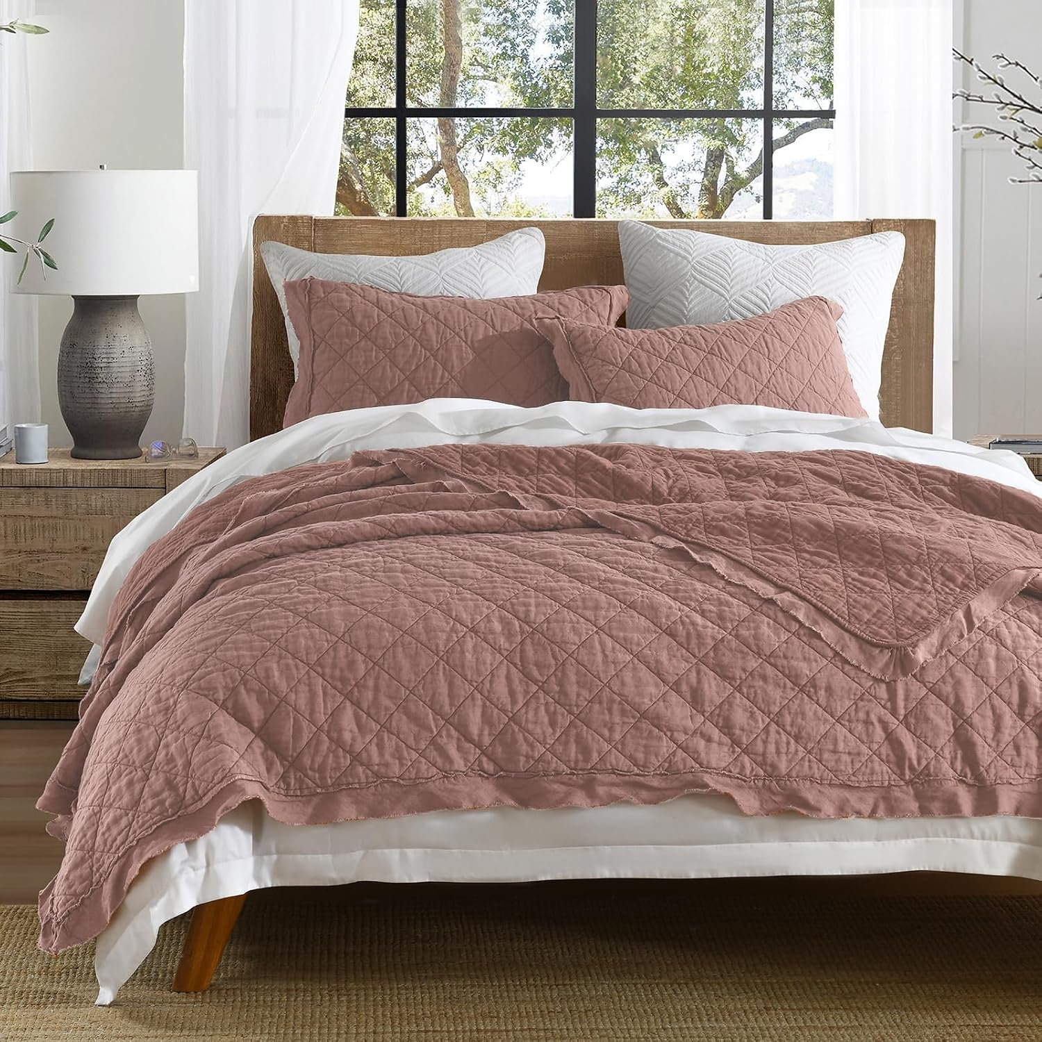 HORIMOTE HOME 100% Linen Front/100% Cotton Back Quilt Set King Size, Cameo Rose Pre-Washed European Flax Linen Quilt, Diamond Stitch Bedspread Coverlet Bedding Set 3-Piece for All Seasons