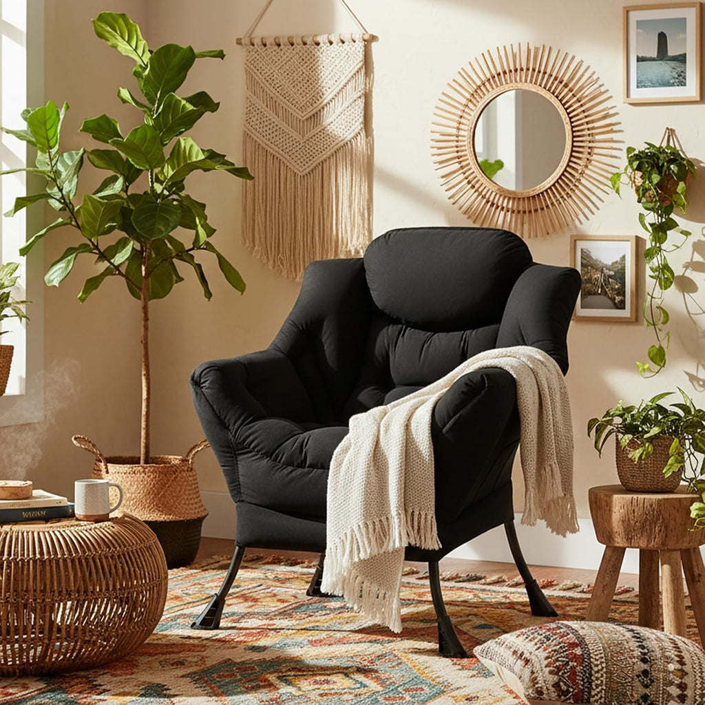 Welnow Black Single Lazy Chair for Living Room, Modern Reading Accent Chair with Armrests and a Side Pocket, Leisure Lazy Sofa Chair for Small Space, Bedroom, Dorm