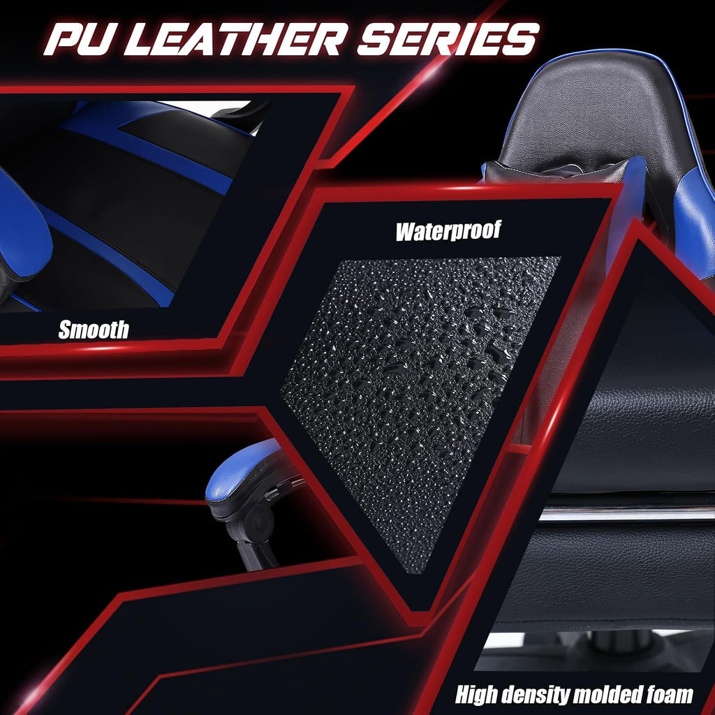 450lbs Big and Tall Gaming Chair with Footrest – Heavy Duty Wide Seat Video Game Chair for Adults, Reclining PU Leather High Back Computer Office Desk Chair with Lumbar Support (Model F, Black+Blue)