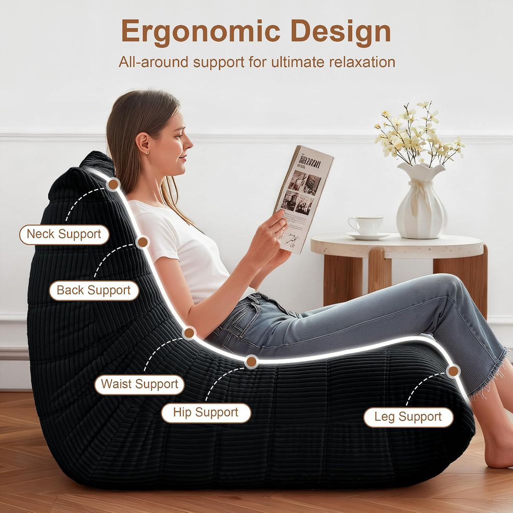 Bean Bag Chair for Adults, Giant Bean Bag Chairs with Lumbar Pillow, Oversized Corduroy Memory Foam Boneless Chair with High-Rebound, Lazy Floor Sofa for Reading Gaming Living Room Bedroom, Black