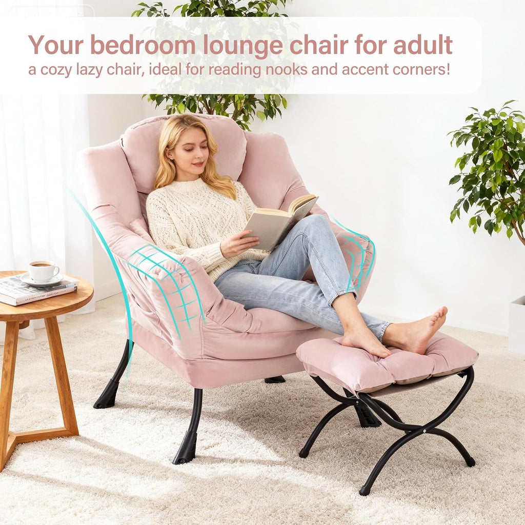 Lazy Chair with Ottoman, Modern Accent Chair with Lumbar Pillow, Velvet Pink Sofa, Armchairs with Folding Footrest, Oversized Supportive Chairs for Bedroom, Reading