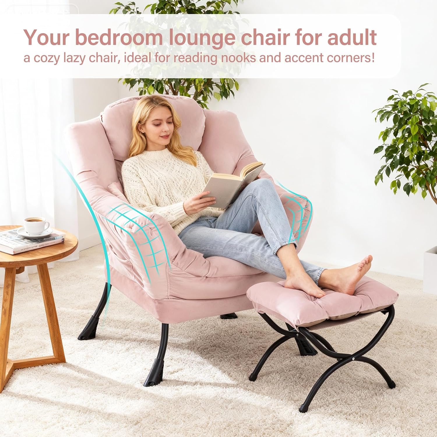 Lazy Chair with Ottoman, Modern Accent Chair with Lumbar Pillow, Velvet Pink Sofa, Armchairs with Folding Footrest, Oversized Supportive Chairs for Bedroom, Reading