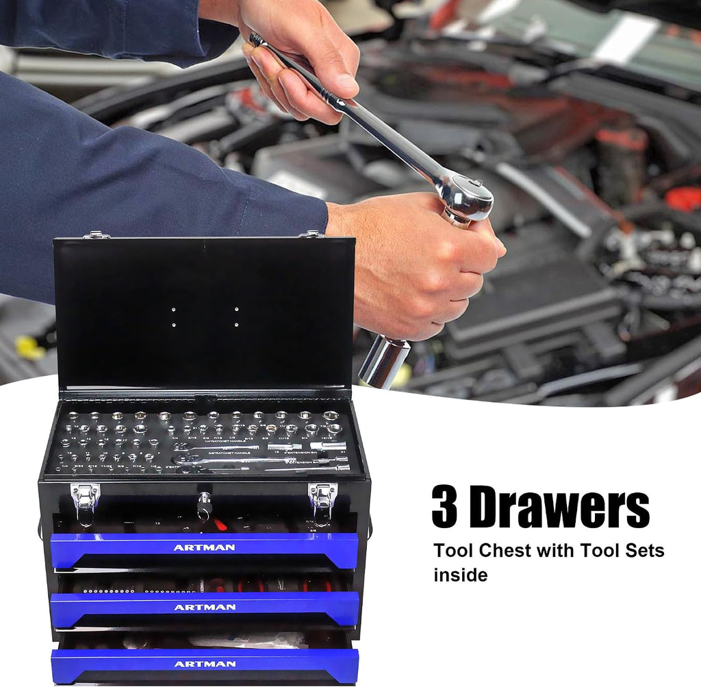 3-Drawer Tool Chest with 439-Piece Mechanics Tool Set | Heavy-Duty Steel Portable Tool Box with Complete Socket & Wrench Kit for Workshop, Garage, and Home Use (Black & Blue)
