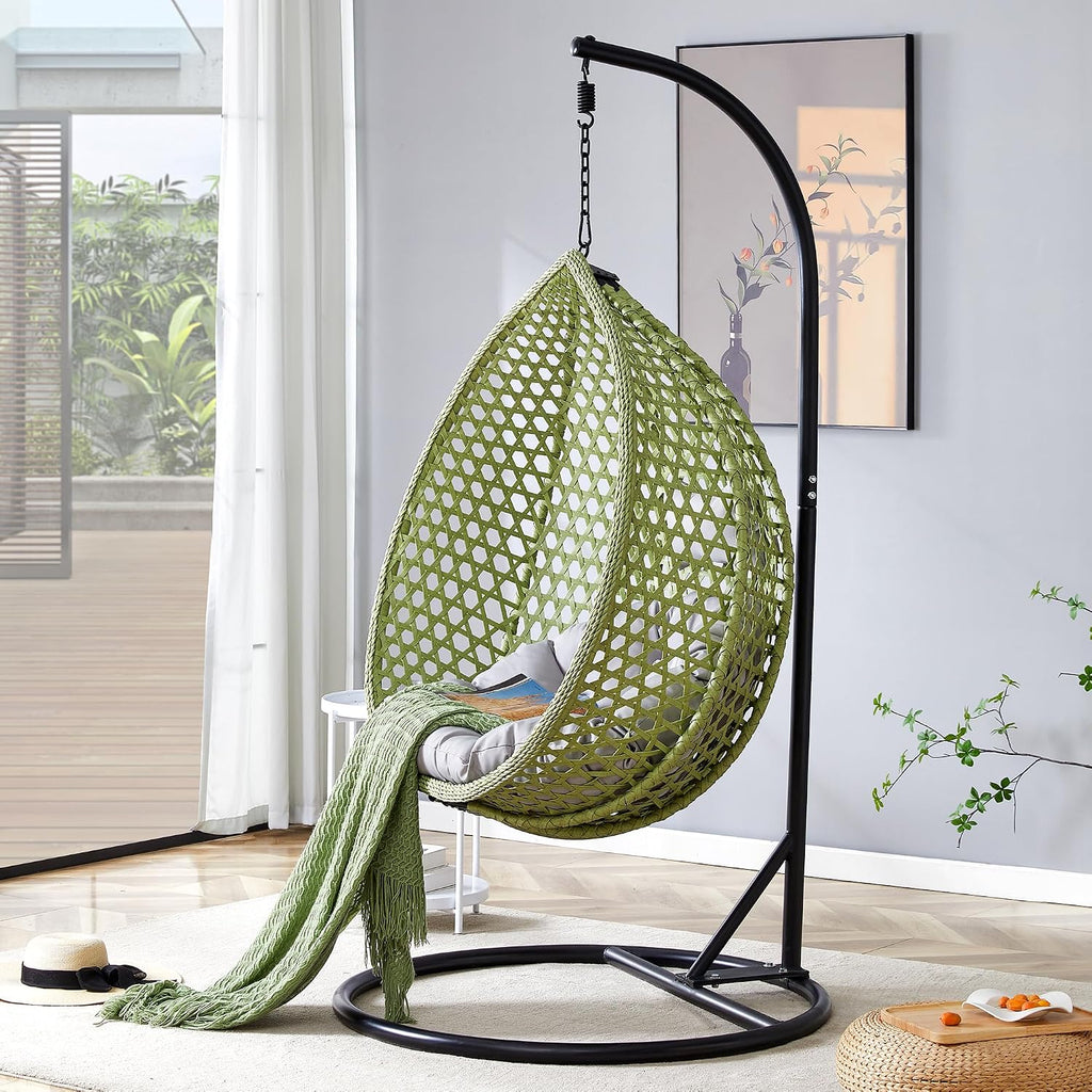 Egg Swing Chair with Stand,Green Swing Egg Chair with Stand, Rattan Hanging Egg with Soft Cushion, Outdoor Hanging with Foldable Basket and Metal Stand for Bedroom Patio