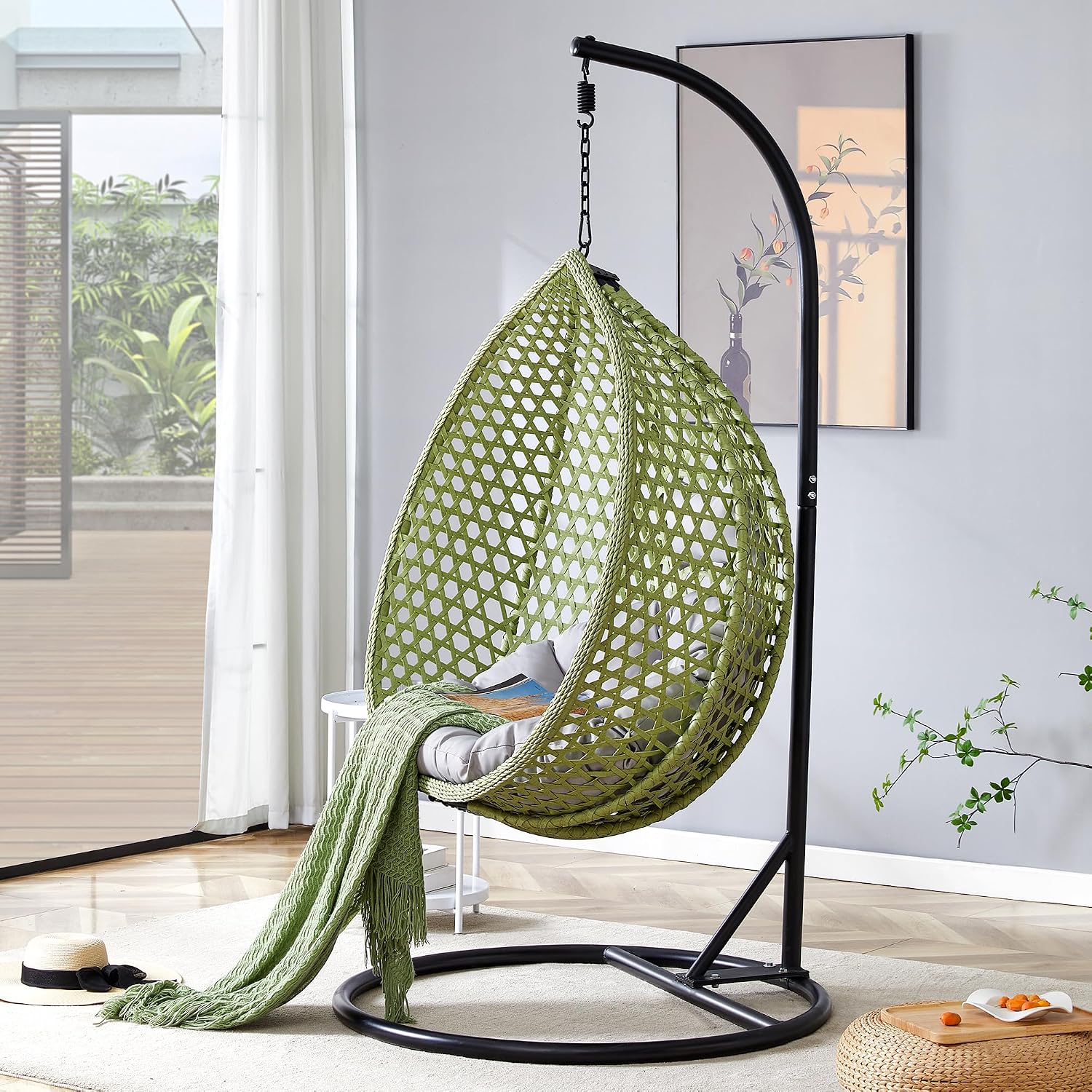 Egg Swing Chair with Stand,Green Swing Egg Chair with Stand, Rattan Hanging Egg with Soft Cushion, Outdoor Hanging with Foldable Basket and Metal Stand for Bedroom Patio