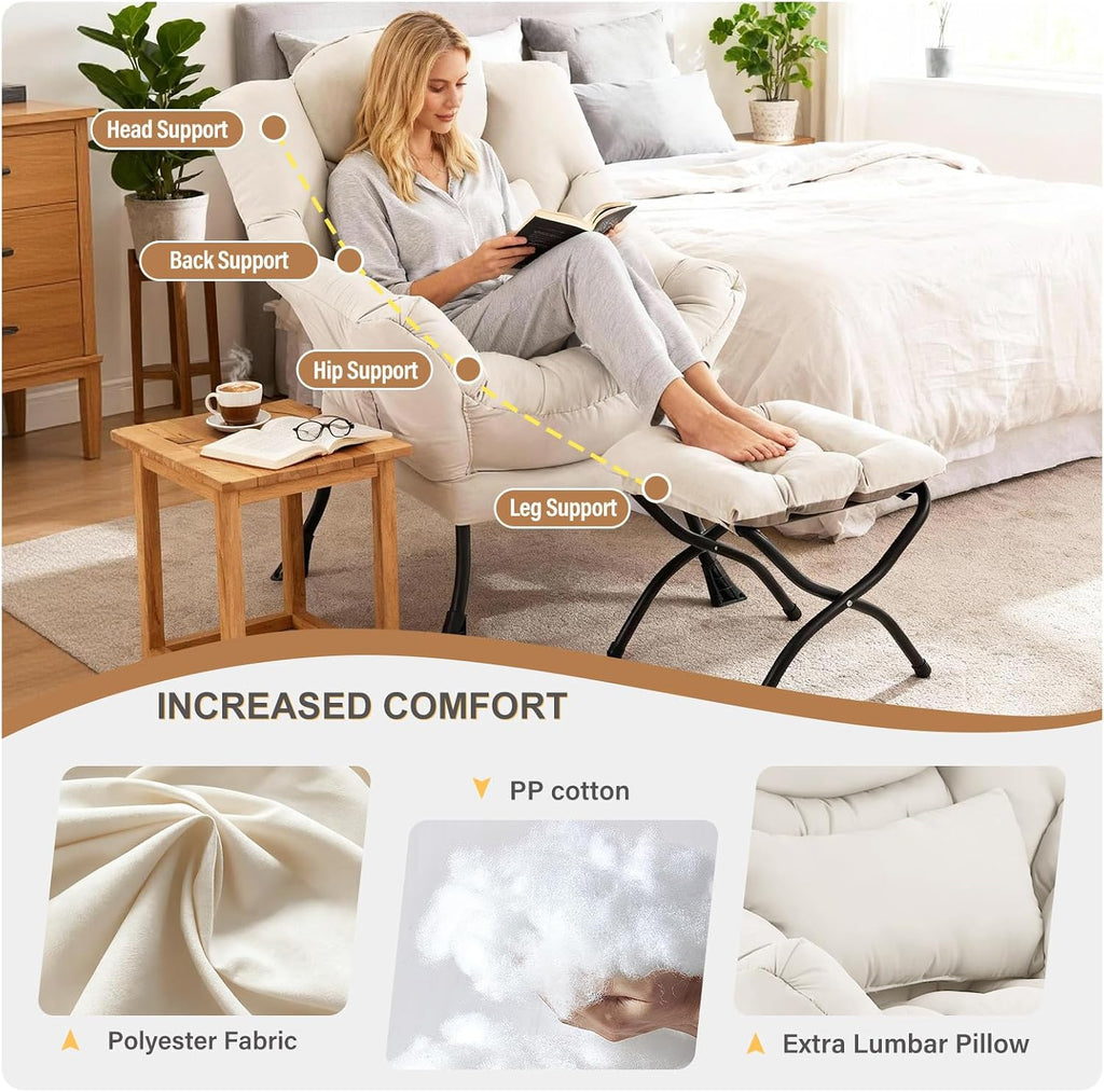 Lazy Chair with Ottoman, Modern Accent Chair with Lumbar Pillow, Beige Sofa, Armchairs with Folding Footrest, Oversized Supportive Chairs for Bedroom, Reading