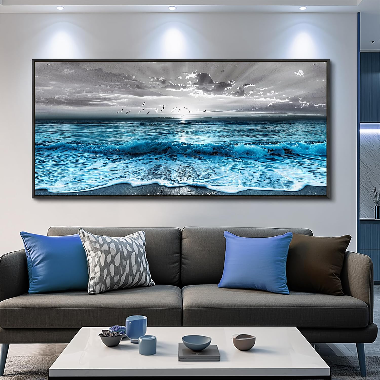 ERQINHUA Large Canvas Black Frame Wall Decor For Living Room Blue Sea Wave Ocean Painting Wall Art For Bedroom Office Dining room Decorations Beach Artworks Wall Pictures Modern Home Decor 32x72 In