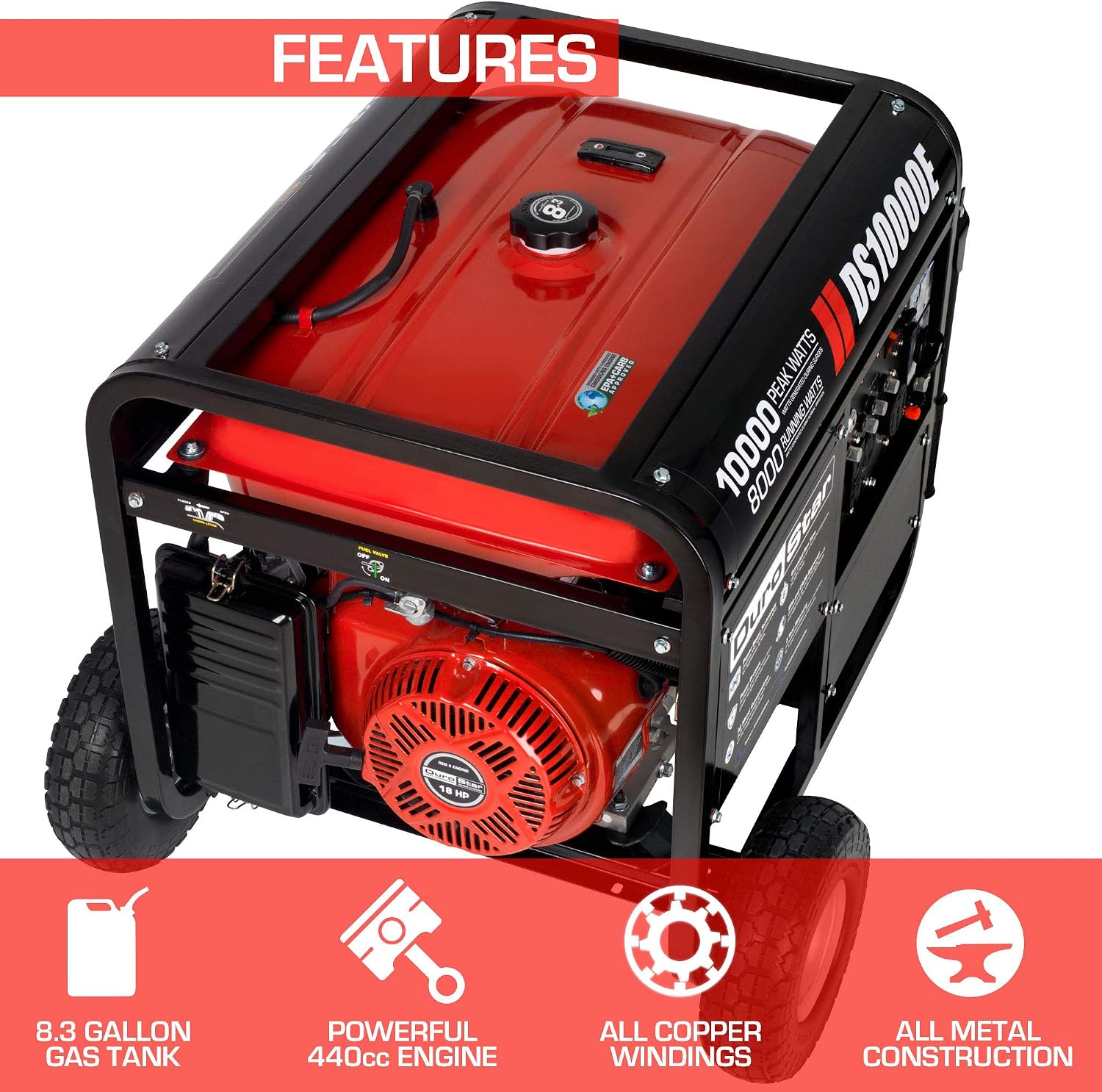 DuroStar DS10000E Gas Powered Portable Generator-10000 Watt Electric Start-Home Back Up & RV Ready, 50 State Approved, Red/Black