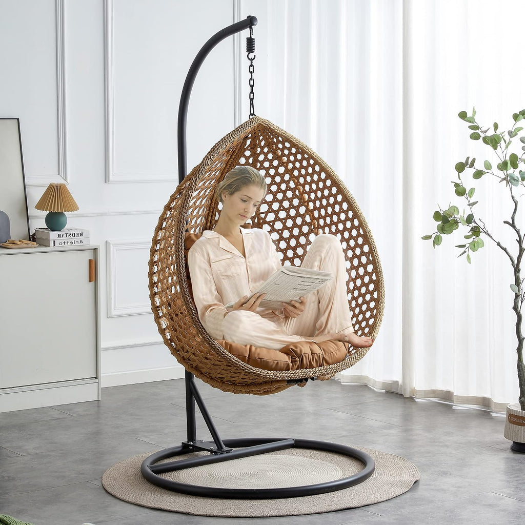 Egg Swing Chair with Stand,Swing Egg Chair with Stand, Rattan Hanging Egg with Soft Cushion, Outdoor Hanging with Foldable Basket & Metal Stand for Bedroom Patio (Light Brown)
