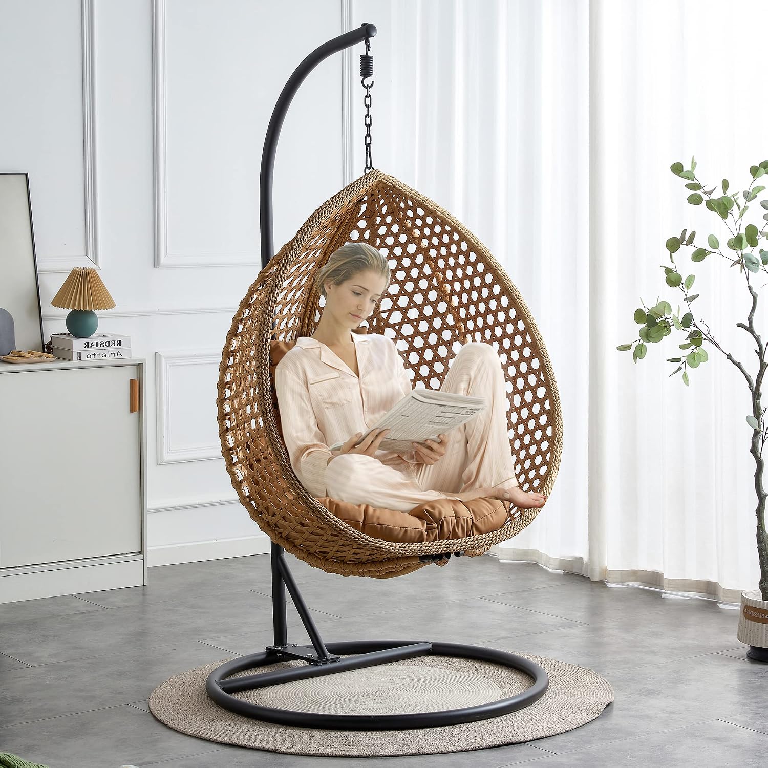 Egg Swing Chair with Stand,Swing Egg Chair with Stand, Rattan Hanging Egg with Soft Cushion, Outdoor Hanging with Foldable Basket & Metal Stand for Bedroom Patio (Light Brown)