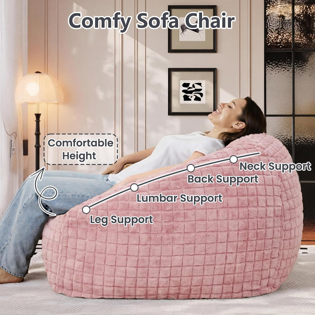 Bean Bag Chairs for Adults, Giant Beanbag Sofa Comfy Reading Chair, Oversized Bean Bag Chairs for Living Room Bedroom, Soft Faux Fur Fabric, 3.2FT, Pink, Checkered