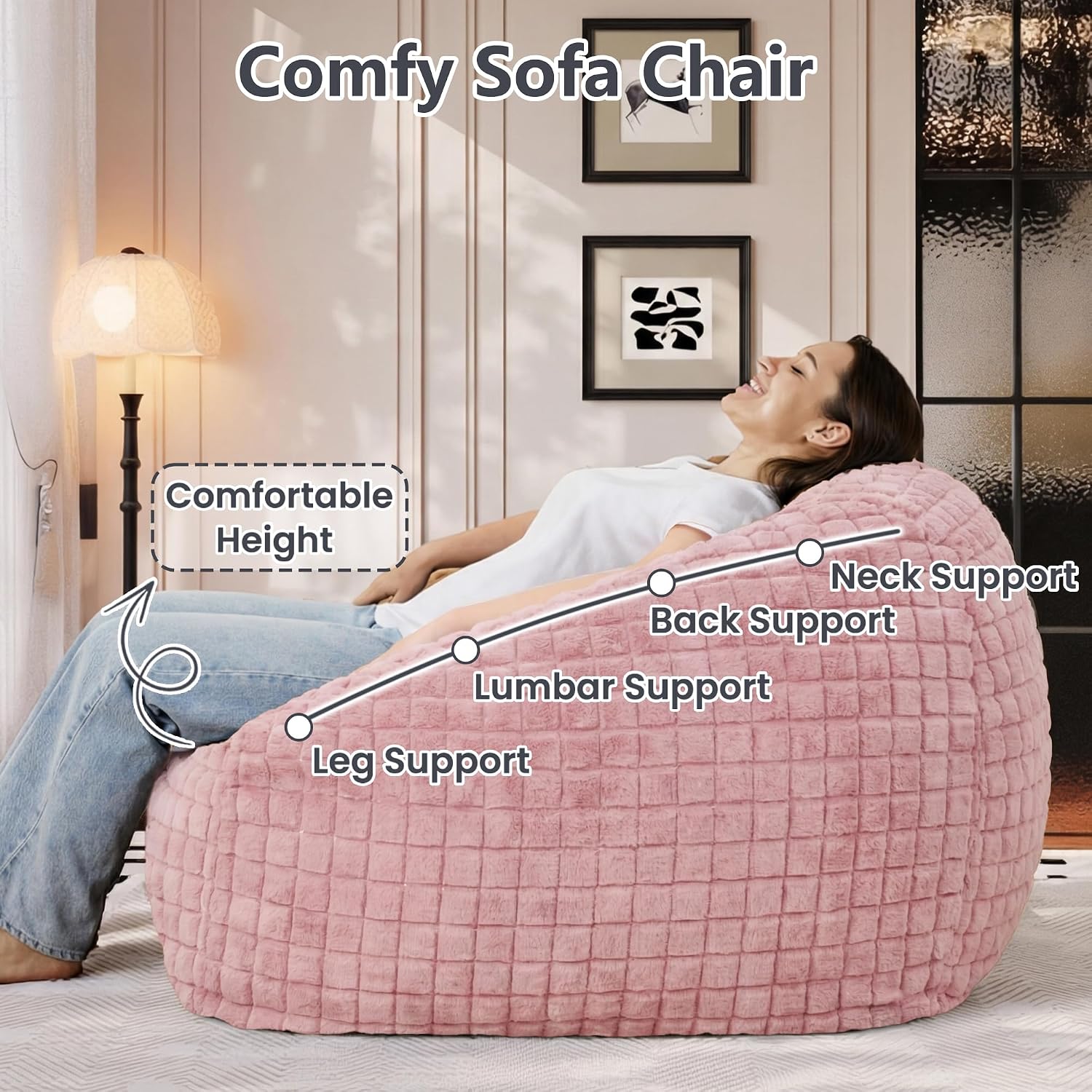 Bean Bag Chairs for Adults, Giant Beanbag Sofa Comfy Reading Chair, Oversized Bean Bag Chairs for Living Room Bedroom, Soft Faux Fur Fabric, 3.2FT, Pink, Checkered