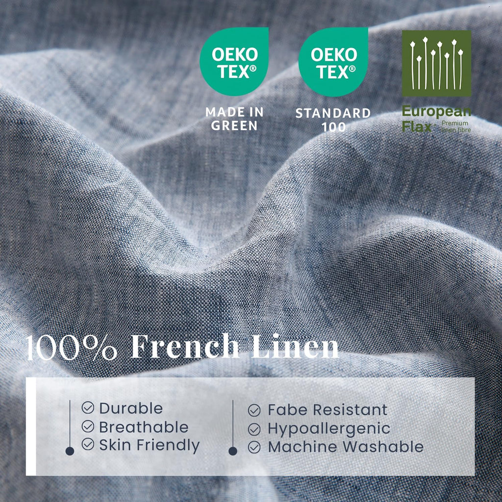 S VICTORY SYMBOL 100% Organic Linen Chambray Sheets Set Full Size,Washed French Flax Bed Sheets 4 Pieces(2 Pillowcases,1 Fitted Sheet,1 Flat Sheet) Blue Denim,Yarn Dyed Natural Linen Bedding