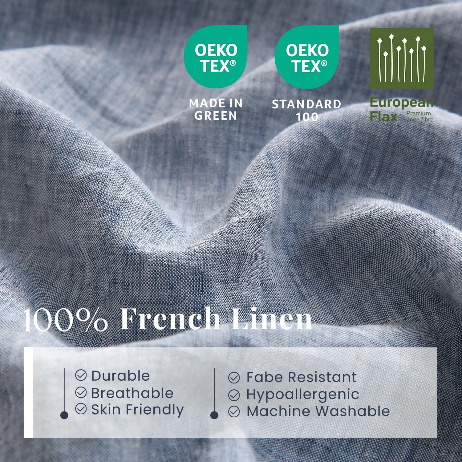 S VICTORY SYMBOL 100% Organic Linen Chambray Sheets Set Twin XL Size,Washed Natural French Flax Bed Sheets 3 Pieces,16inch Deep Pocket Linen Bedding for Hot Sleepers,Yarn Dyed Blue Denim