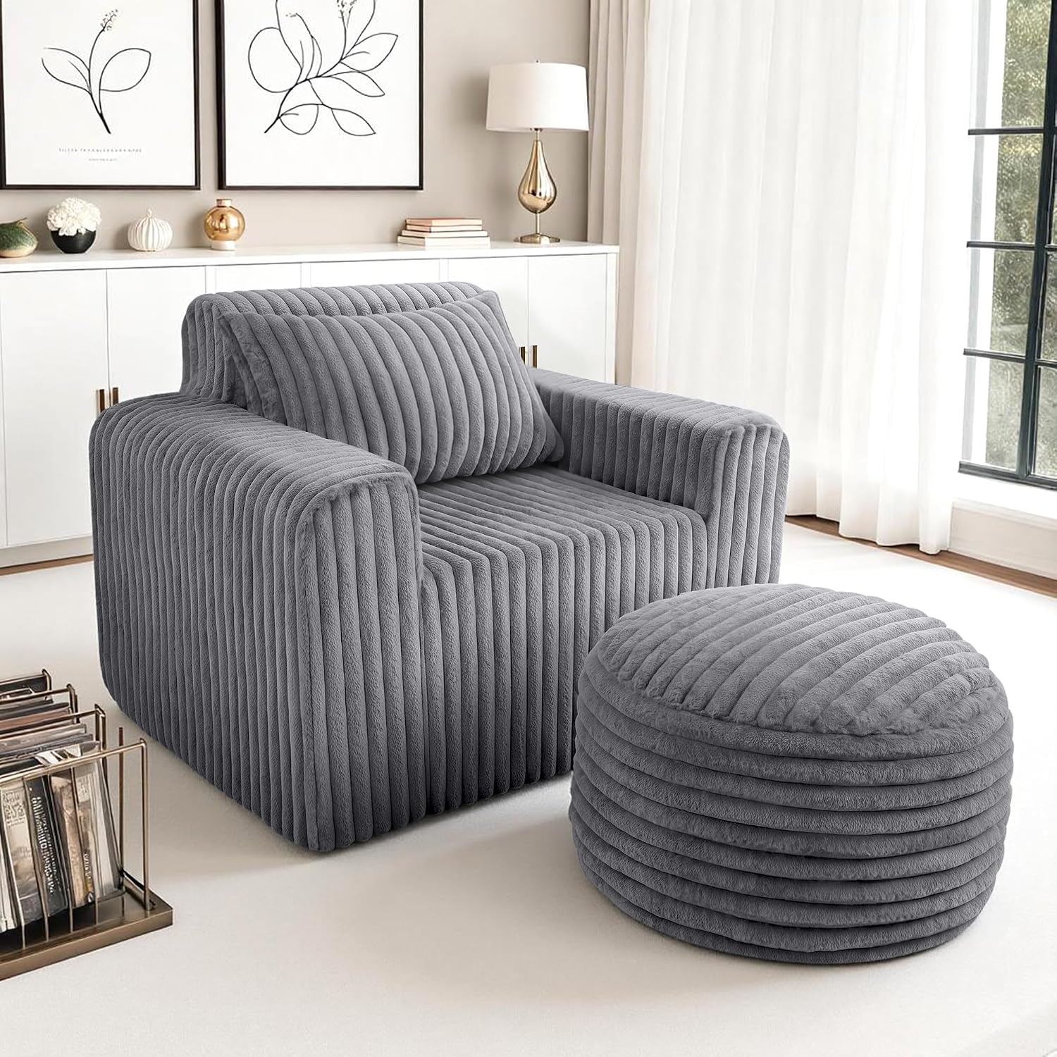 HABUTWAY Bean Bag Chair for Adults with Pillow, Giant Bean Bag Chairs with Ottoman, Comfy Dorm Chair with High Backrest & Wider Armrest, Lounger Chair Indoor for Bedroom Living Room(Grey)